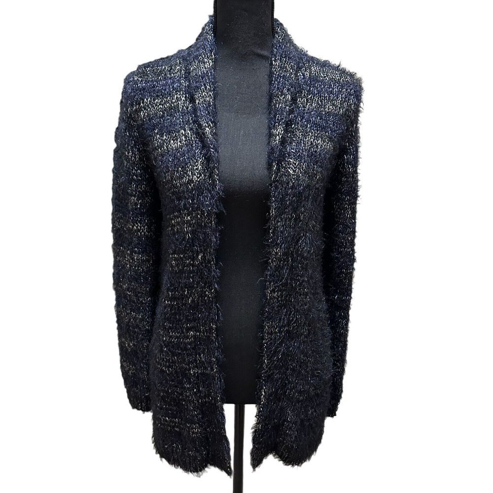 Lucky‎ Brand Sz Small Shawl Neck Shag Fluffy Open Cardigan Navy Silver Metallic